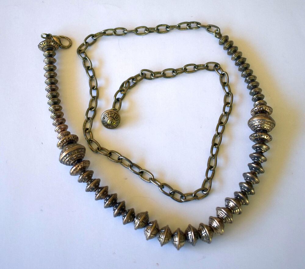 Vintage 90s Brass Tone Metal Mixed Oval Beads Chain Link Belt, One Size Fits All